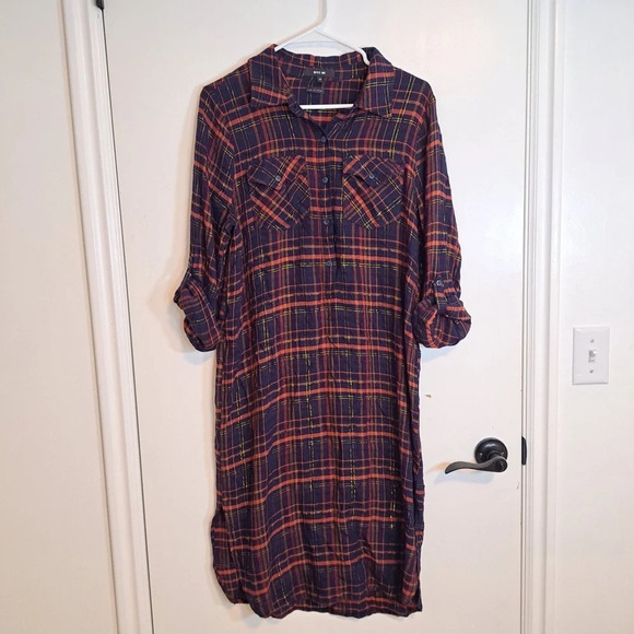 Miss Me Navy Red Metallic Plaid Tunic Long Shirt Tie Waist Button Down Size M - Picture 2 of 9